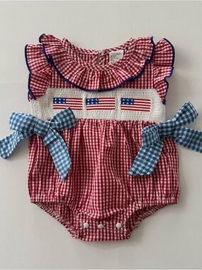Baby Girl 0-3 Months Gingham Flag Smocked Bubble Romper Blue Patriotic American